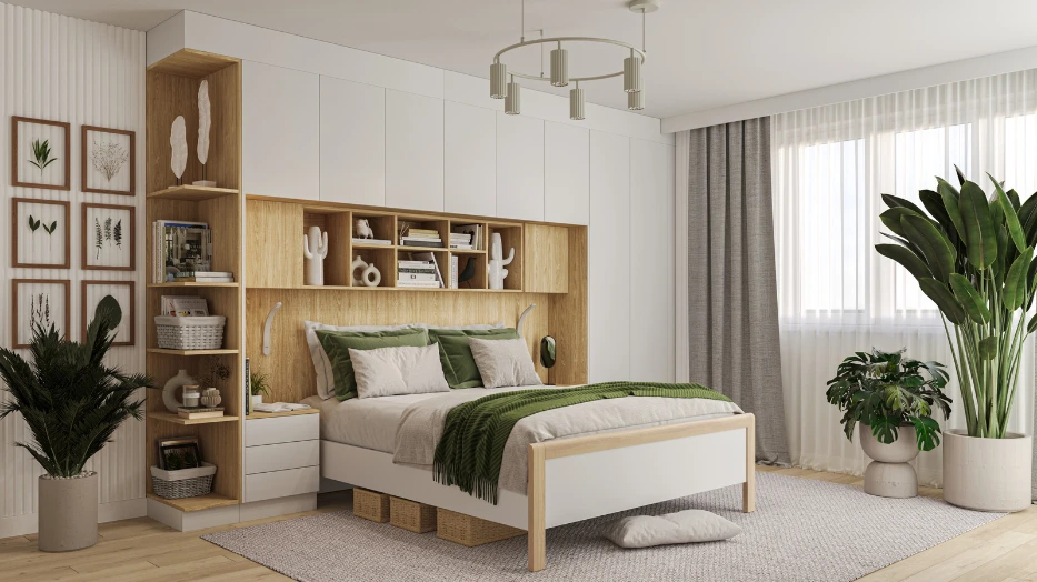 Praktyczne zabudowy do sypialni SLEEP VARIA marki New Elegance z szafami, regałami i łóżkami